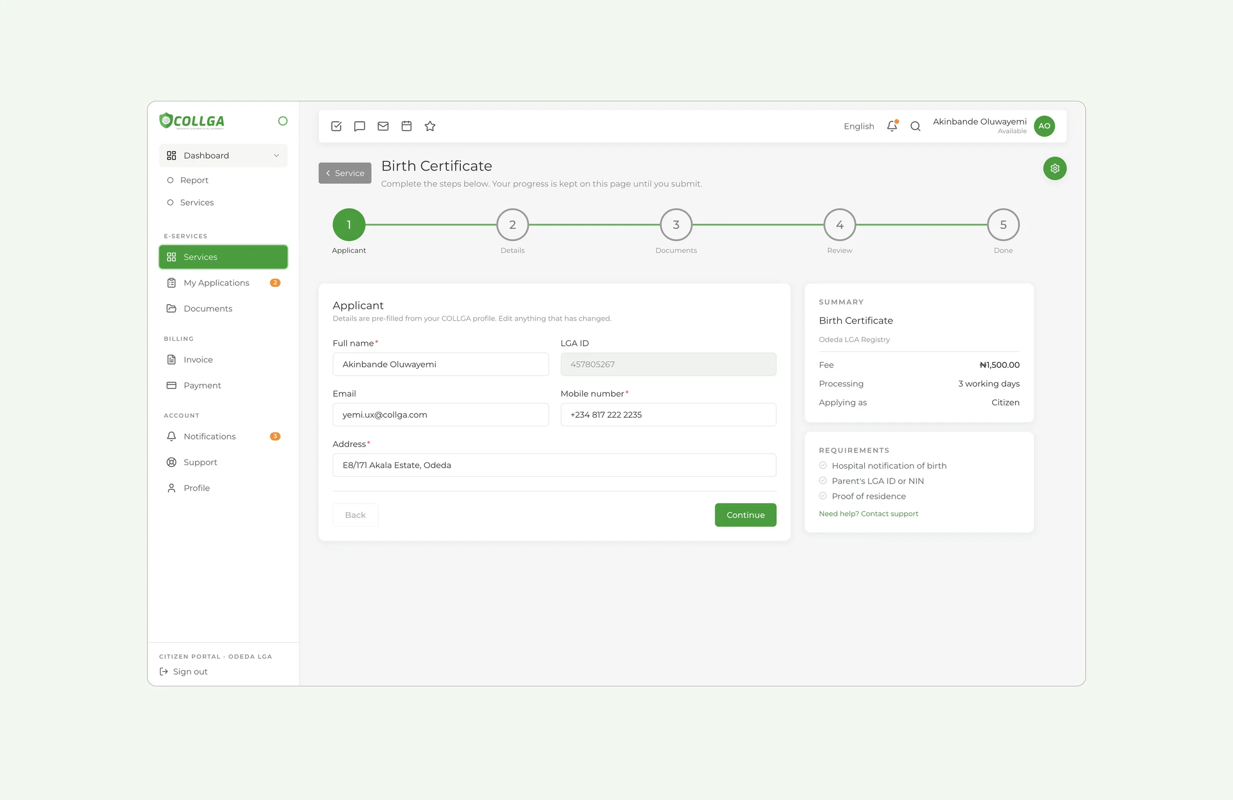 Birth certificate, step one: applicant details pre-filled from the profile