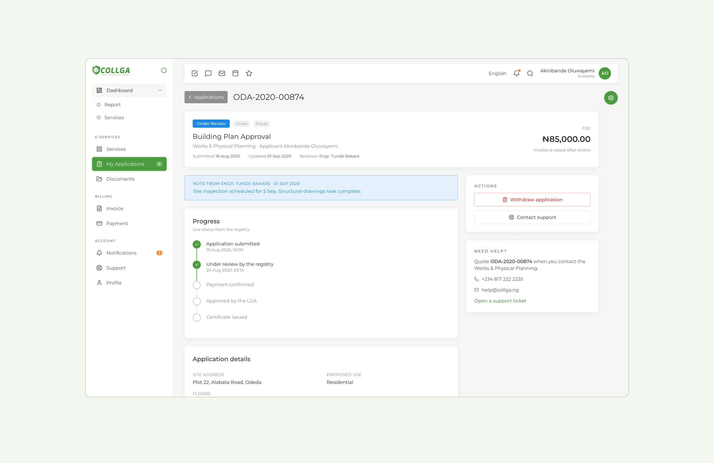 Application tracking with the reviewer note and a live timeline