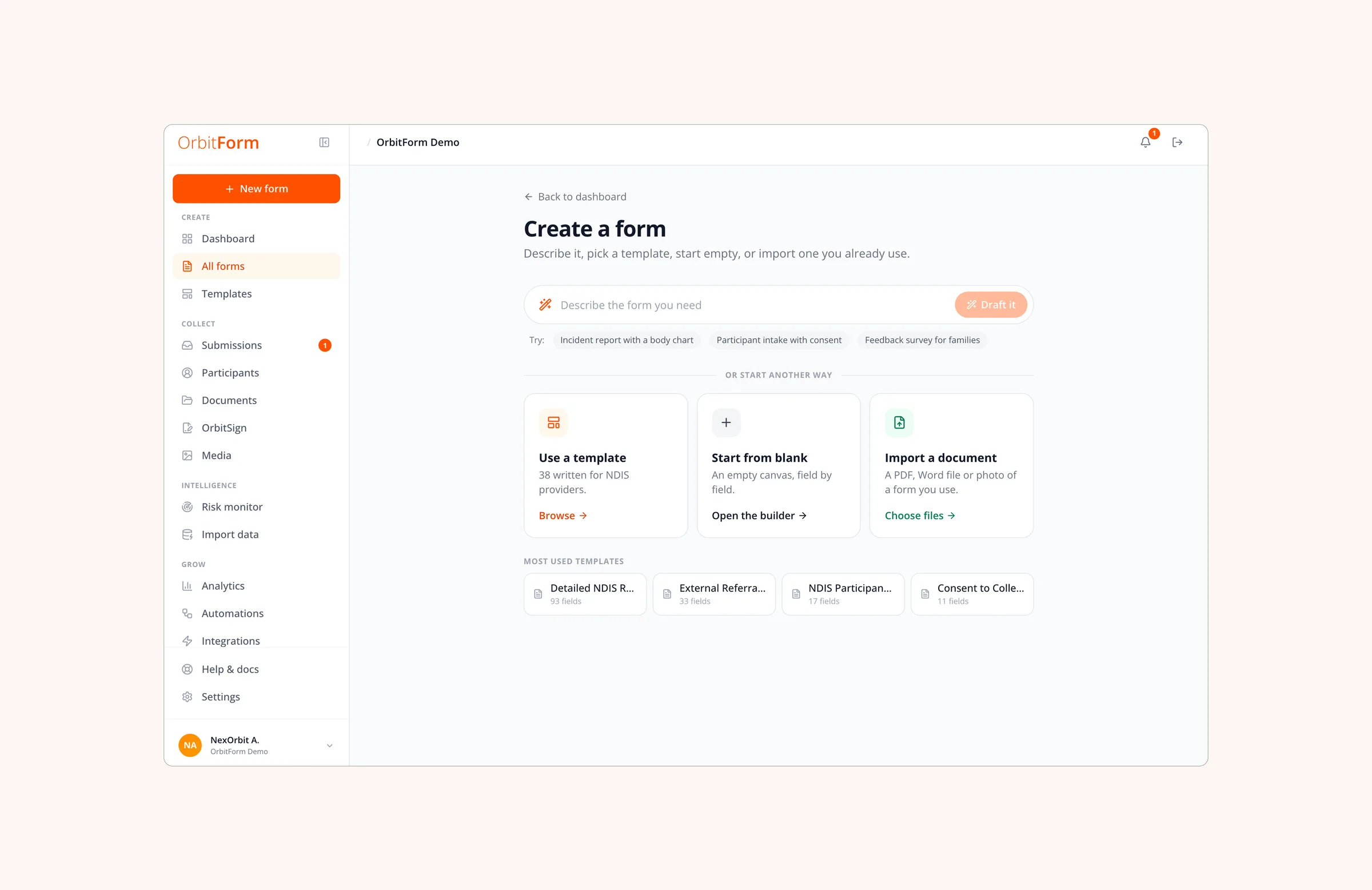 Create a form: describe it and draft it, use a template, start from blank, or import a document