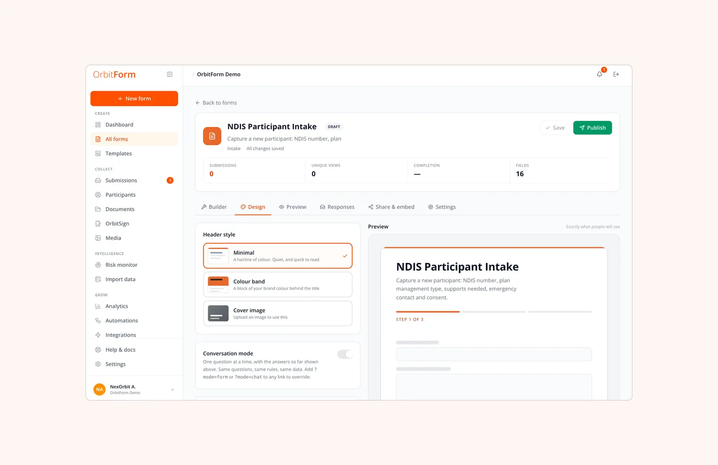 The design tab: header style, conversation mode, and a live preview of what people will see