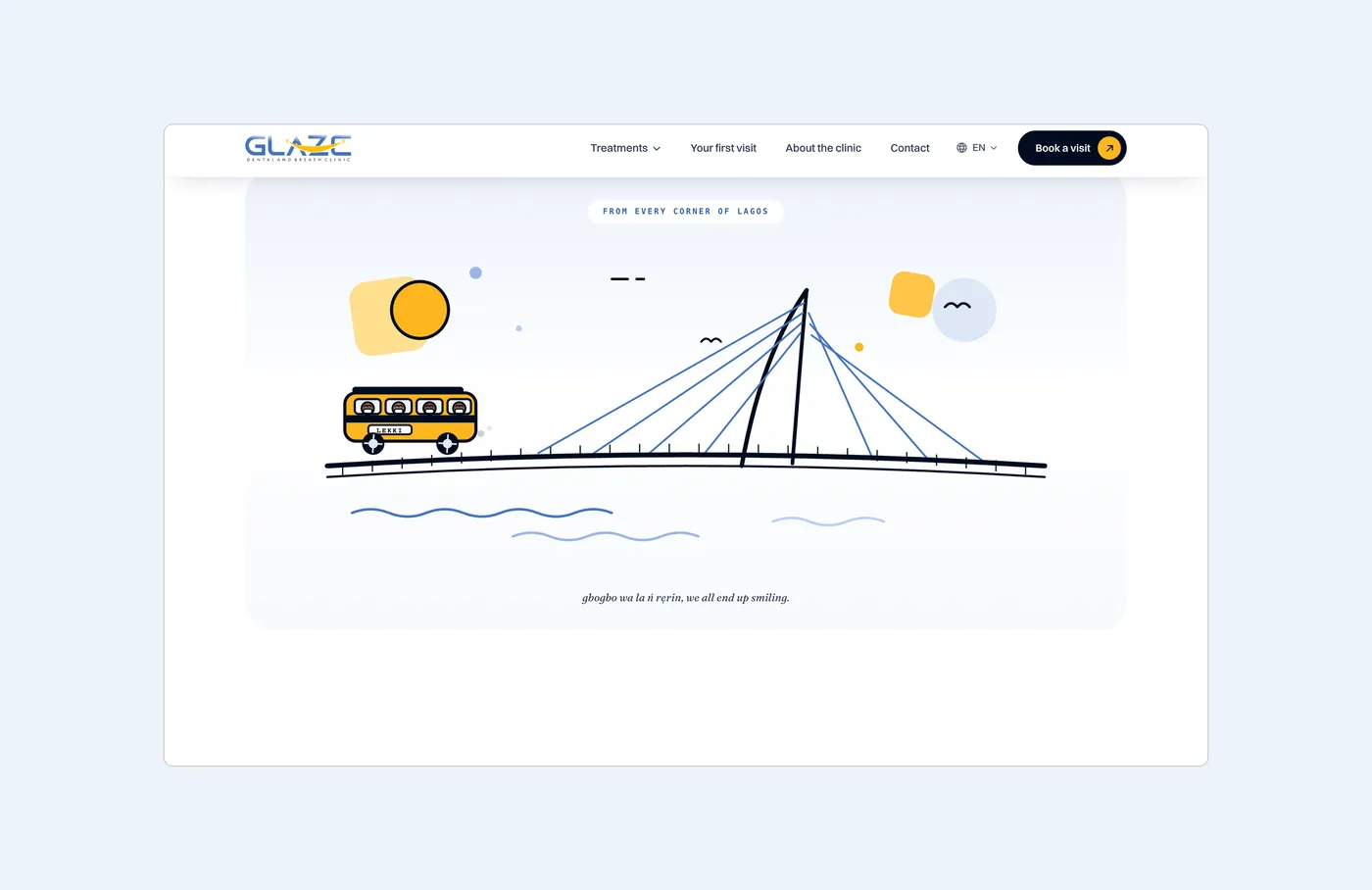 From every corner of Lagos: an illustration of a yellow bus crossing a cable bridge