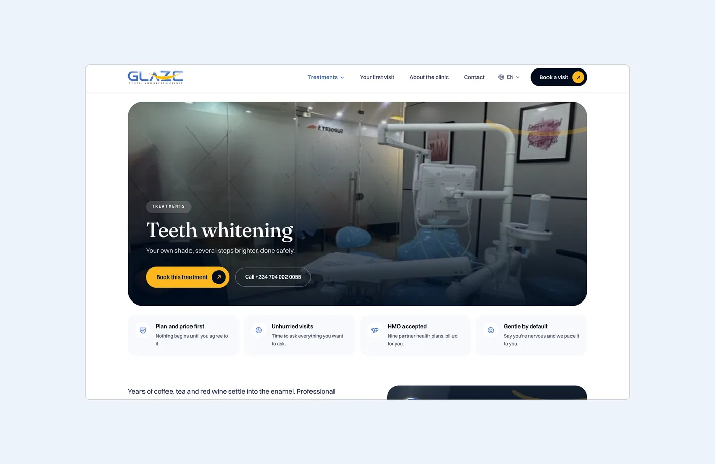 Teeth whitening: the treatment page with booking and a phone number