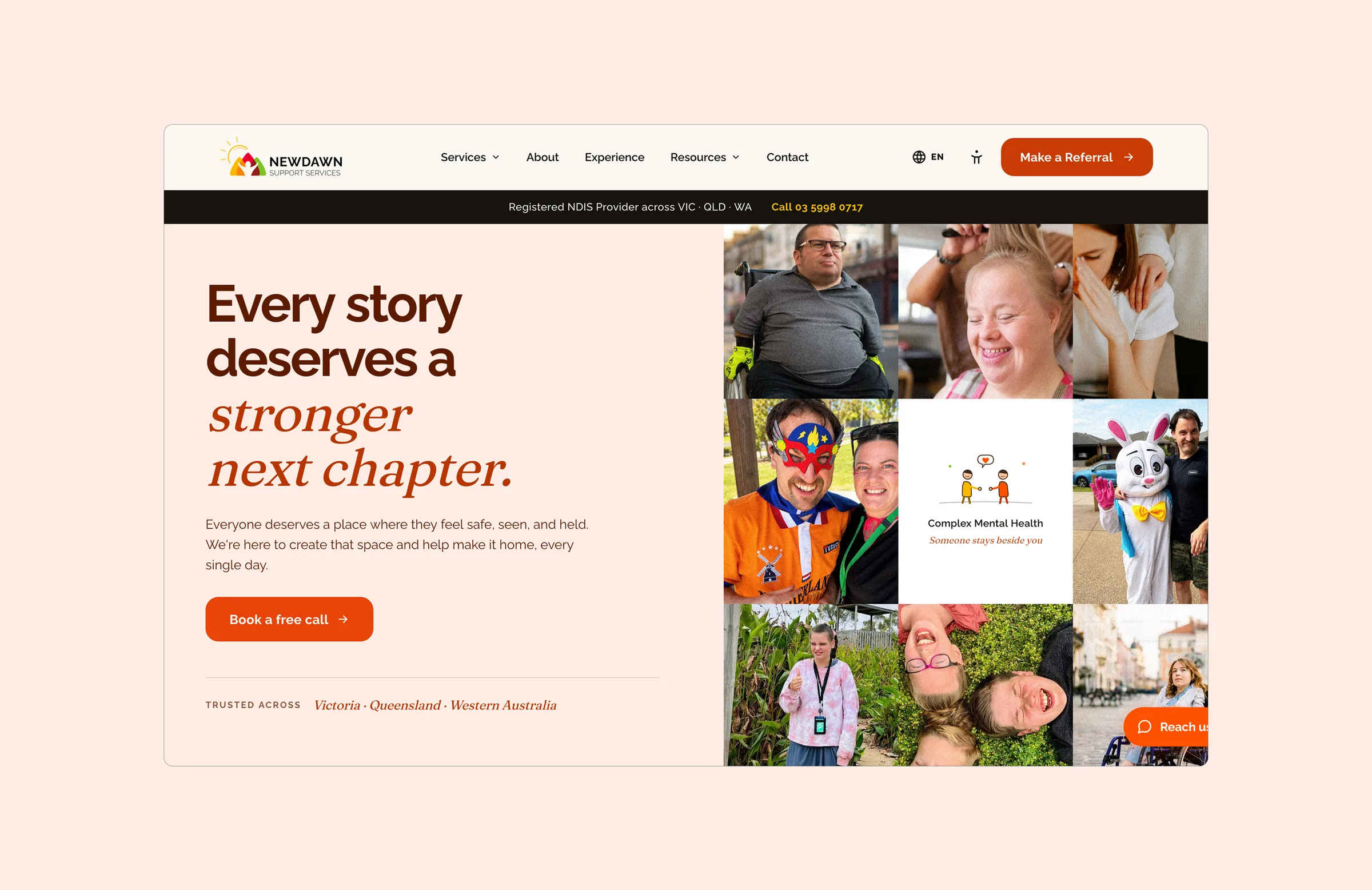 Home page: the headline, a free call button and a grid of participant photos