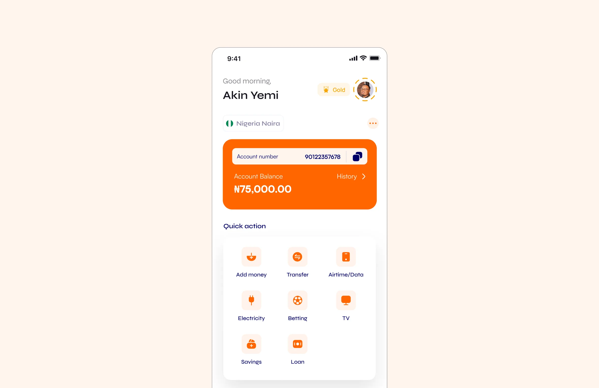 Home: the account balance, the account number, and quick actions for money, bills, savings and loans