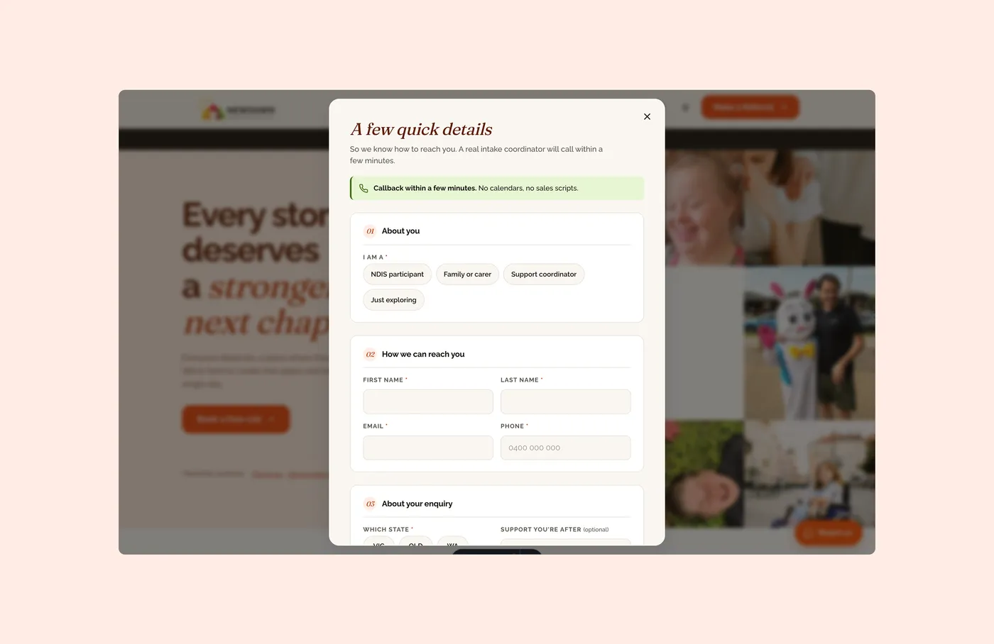 Book a free call: a three-part form in a dialog