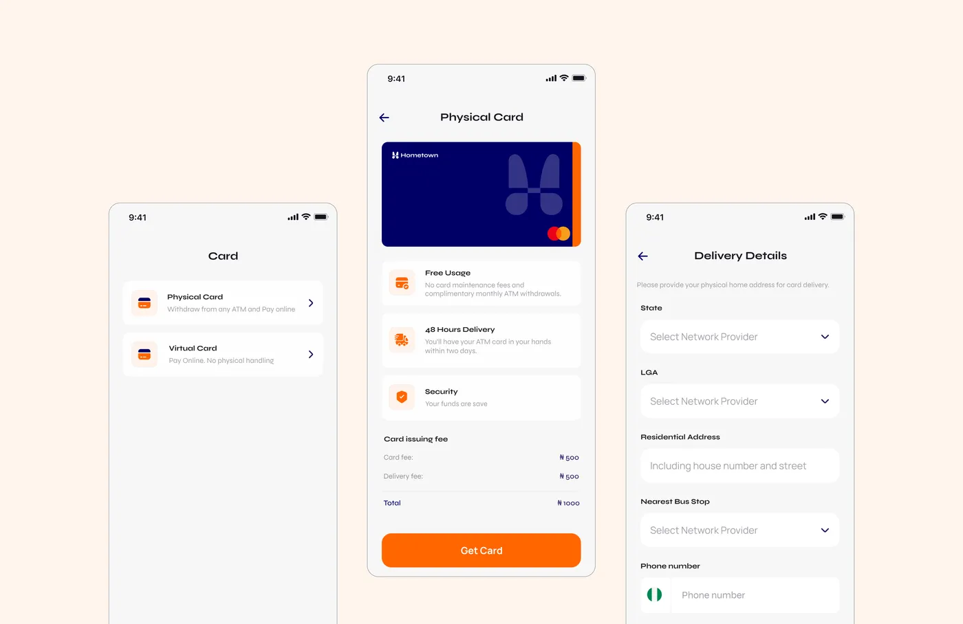 Cards: a physical or a virtual card, the card details and fees, and the delivery address