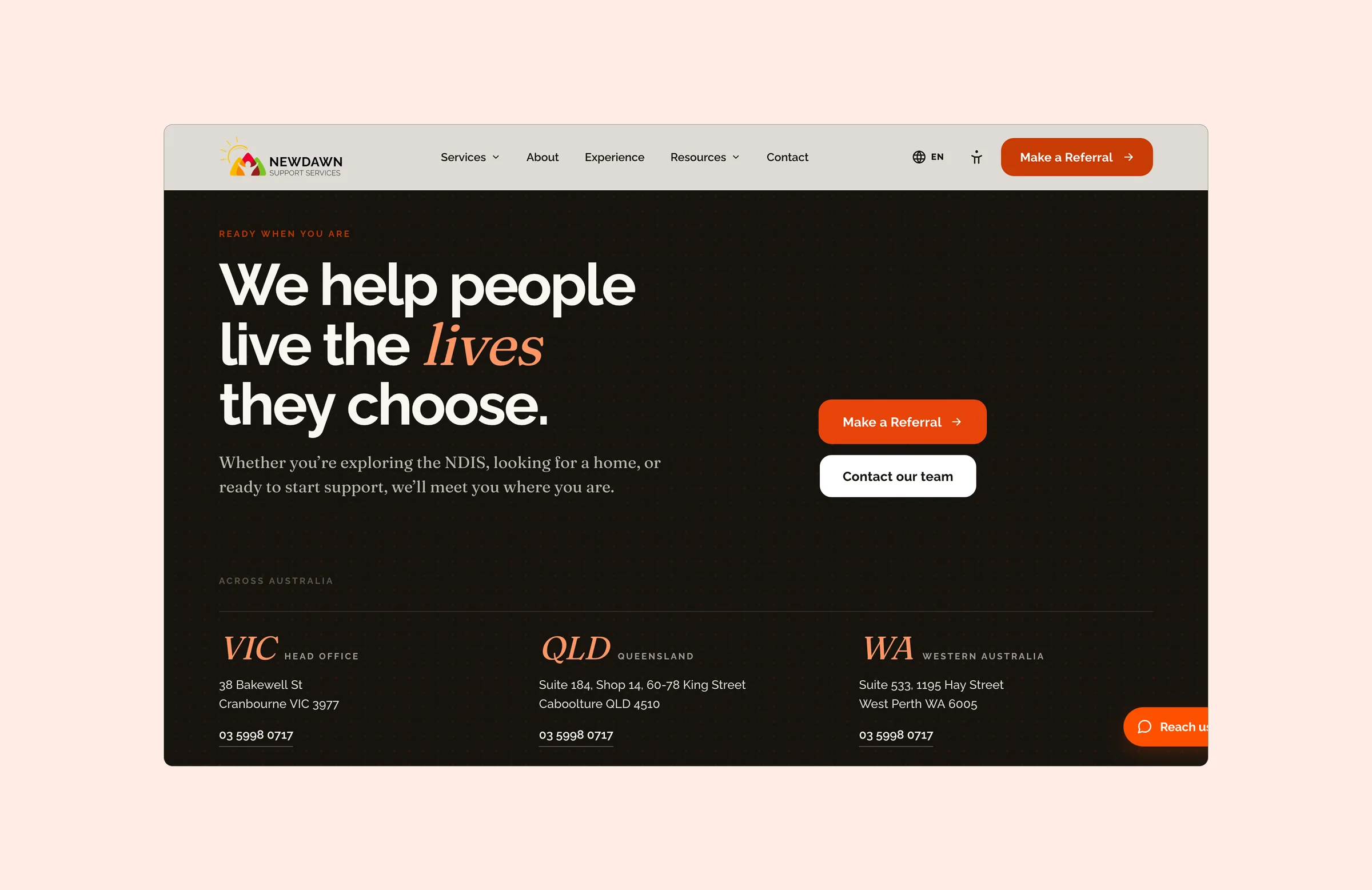 Contact band with a referral button and the three offices in Victoria, Queensland and Western Australia