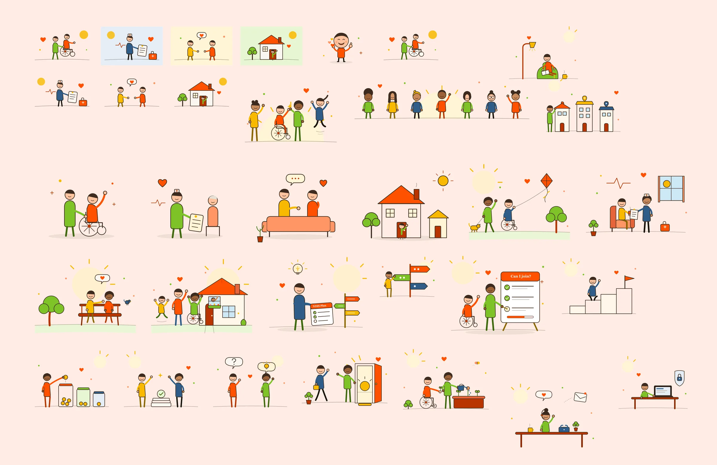 The illustration set: people, homes and moments of support, drawn in the brand orange, green, yellow and blue