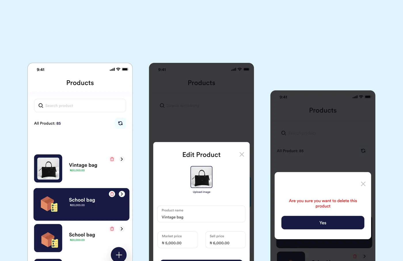 Products: the list, editing a product with its market and sell price, and deleting one