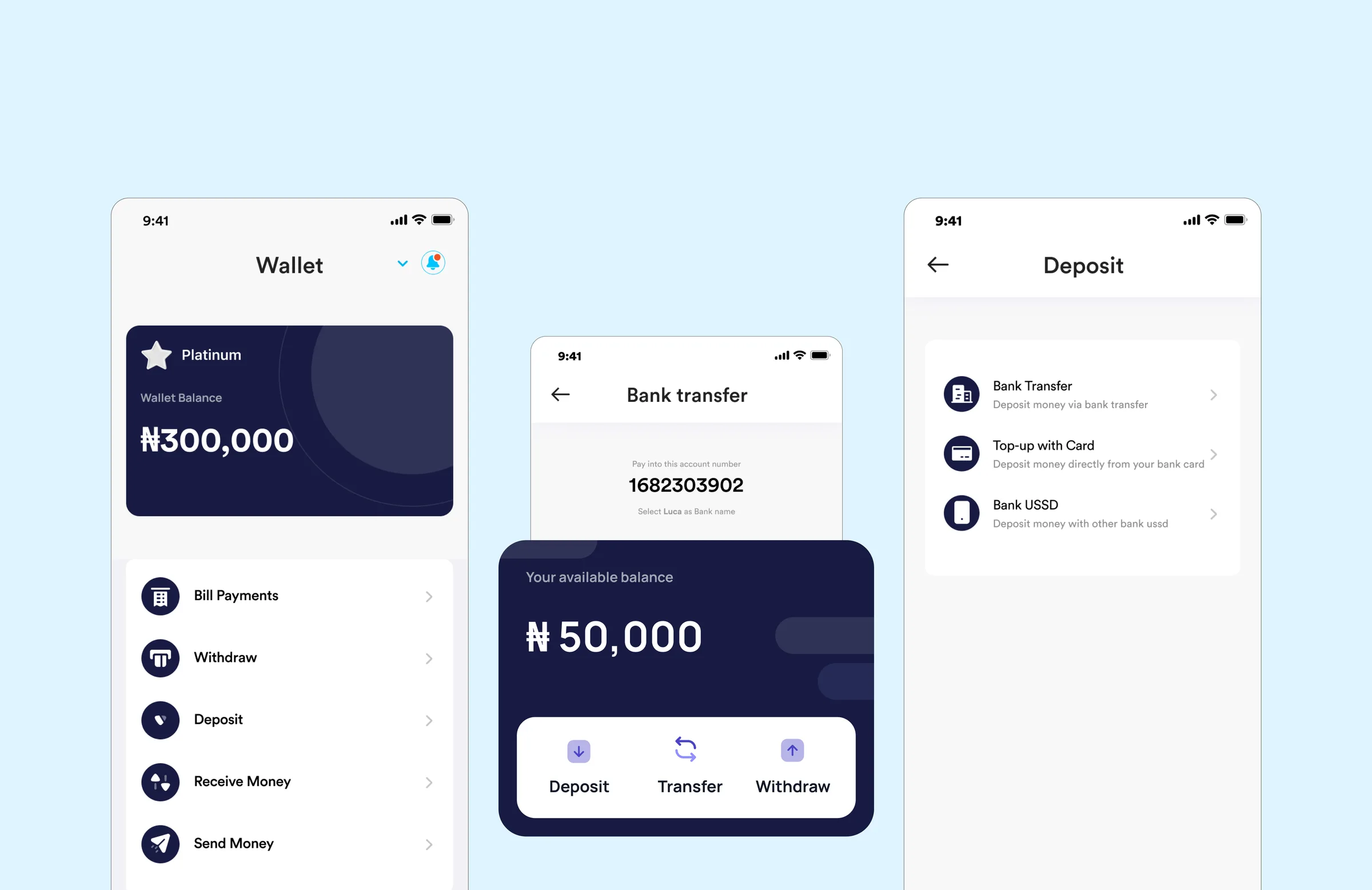 Wallet: the balance, a bank transfer to fund it, and the ways to deposit