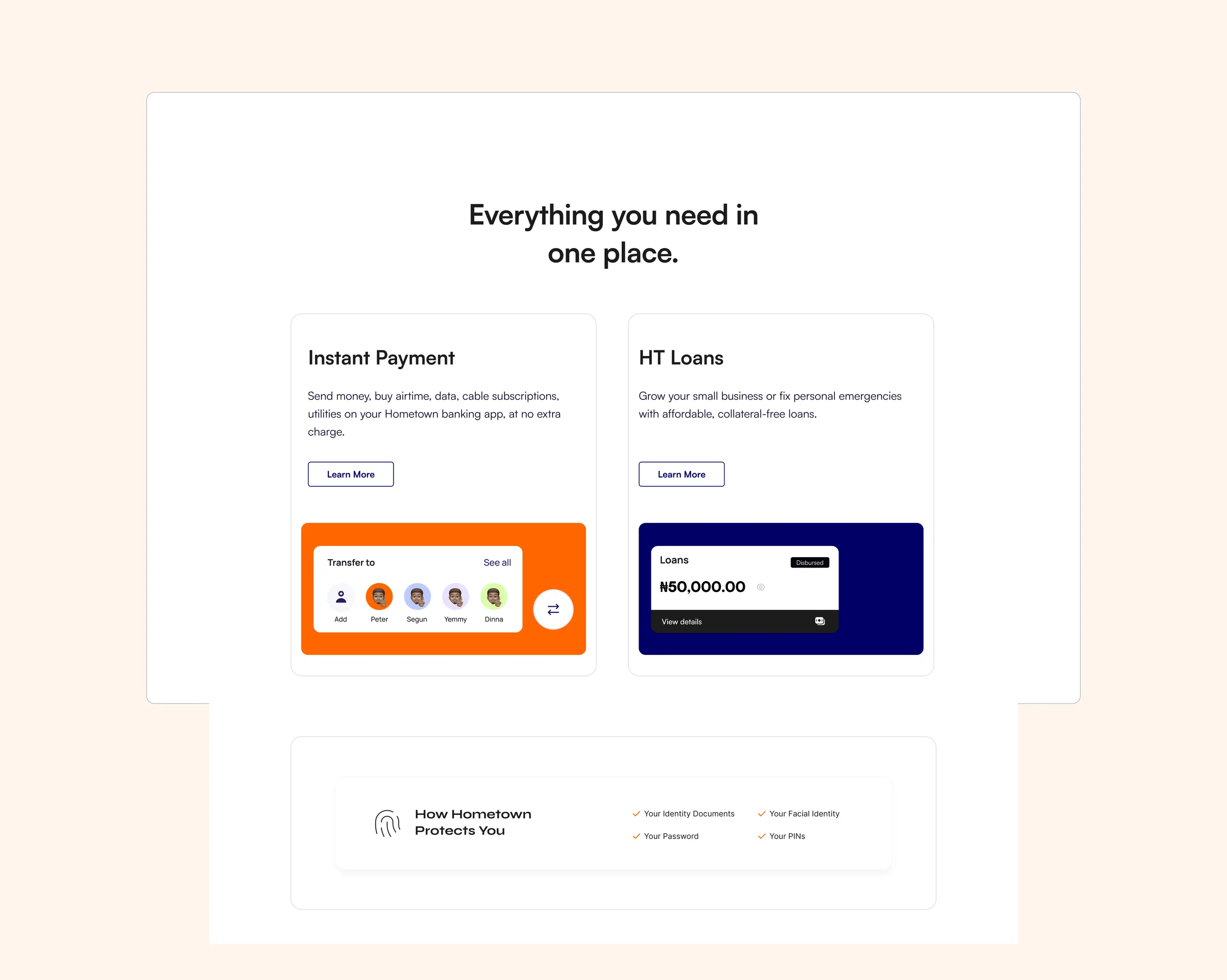 Landing page: instant payments and loans in one place, and how Hometown protects you