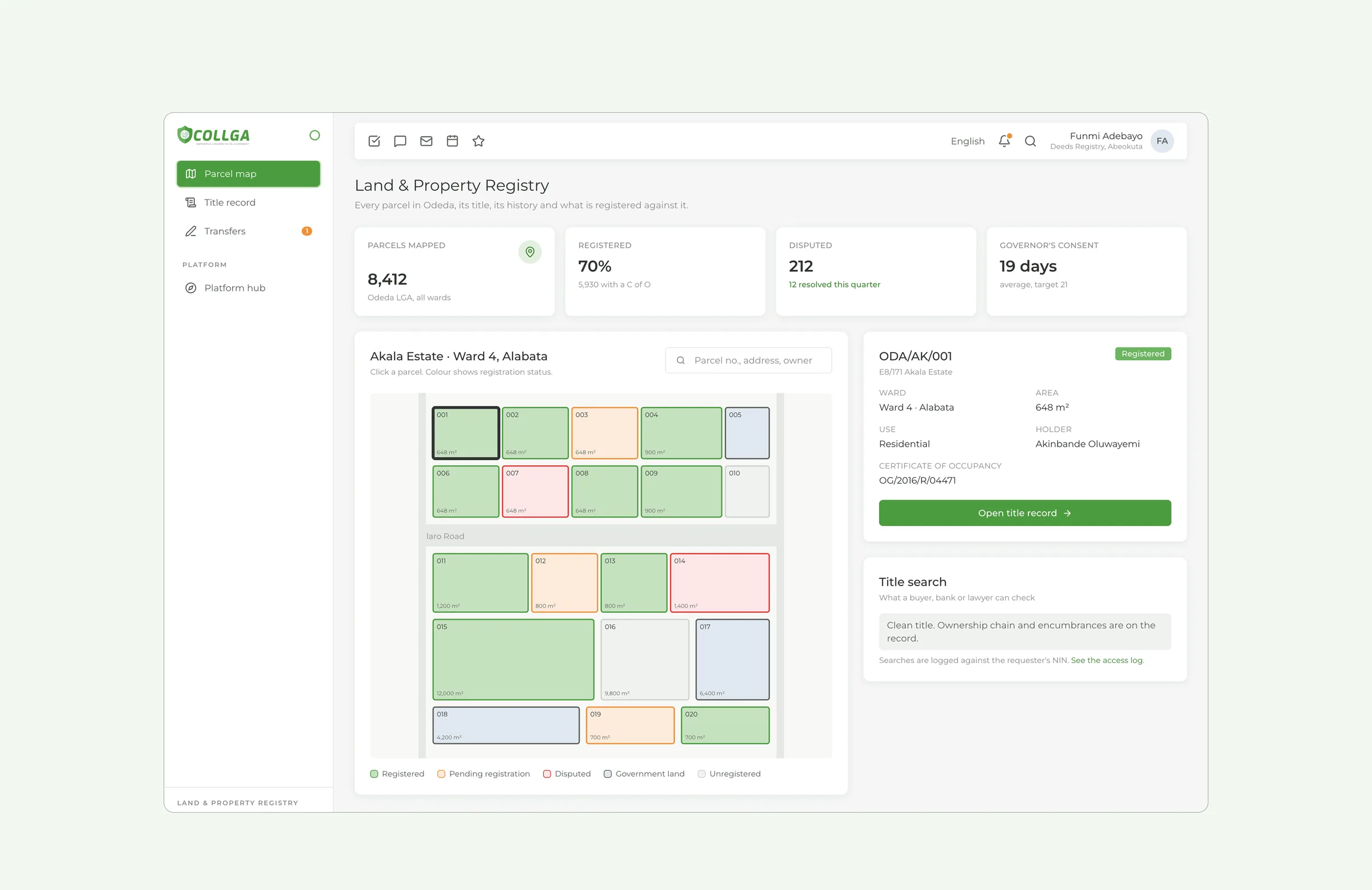 Land and property registry: parcel map by registration status