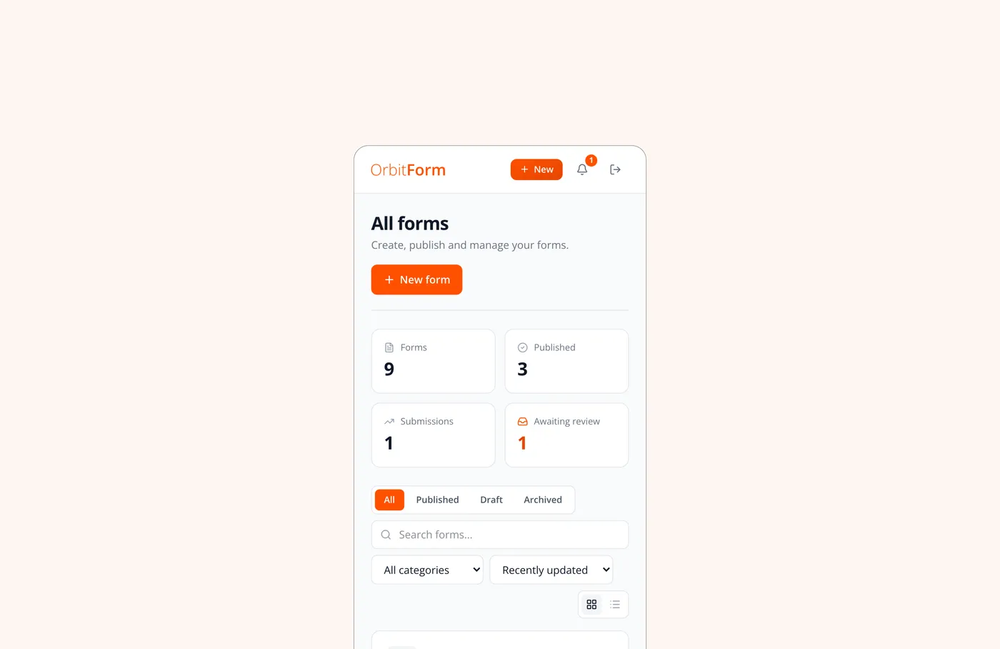 On a phone: every form, with submissions and views