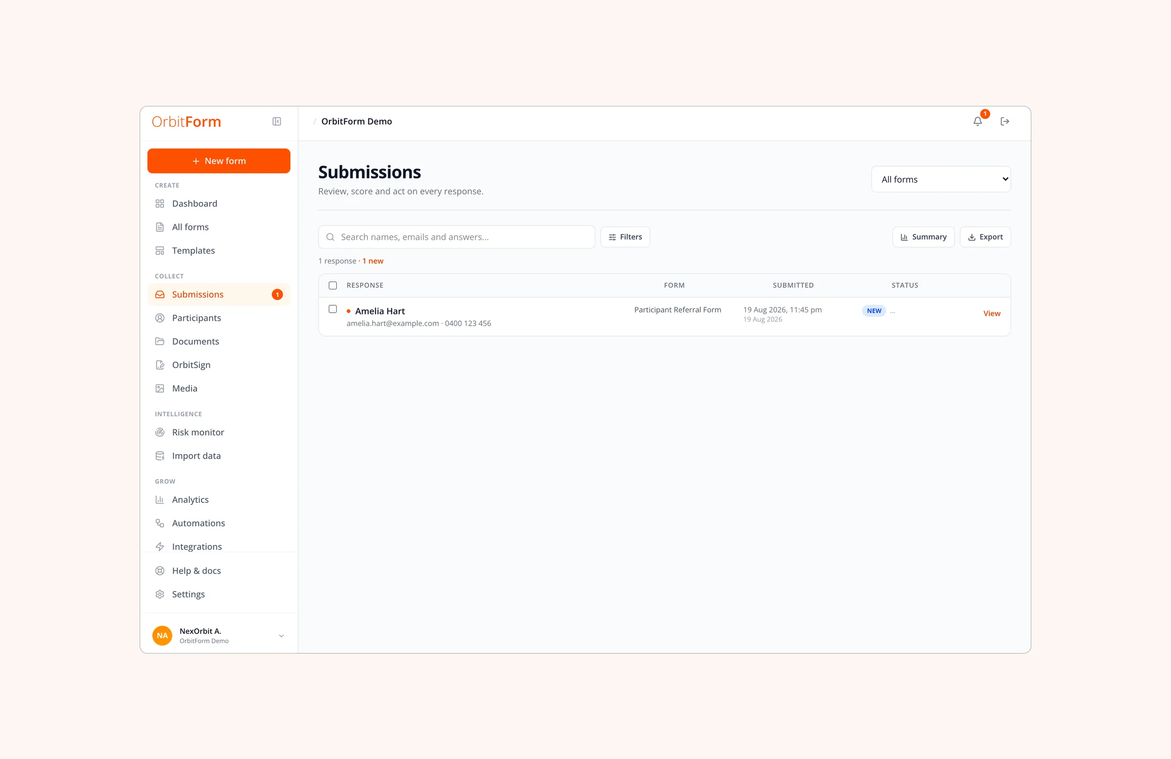The submissions inbox: search, filters, bulk status changes and export, with every export logged