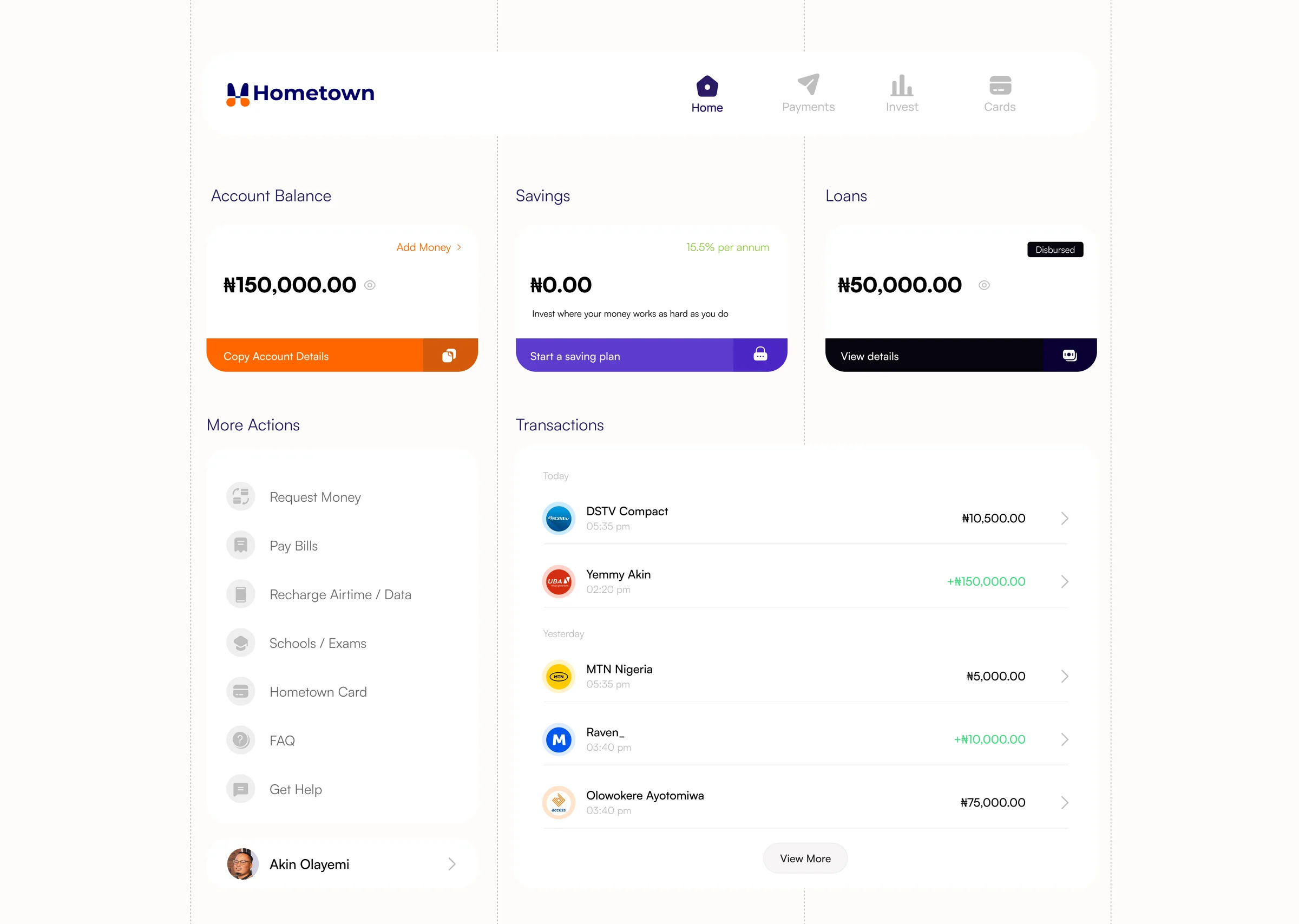 Web app home: the balance, savings, loans and recent transactions
