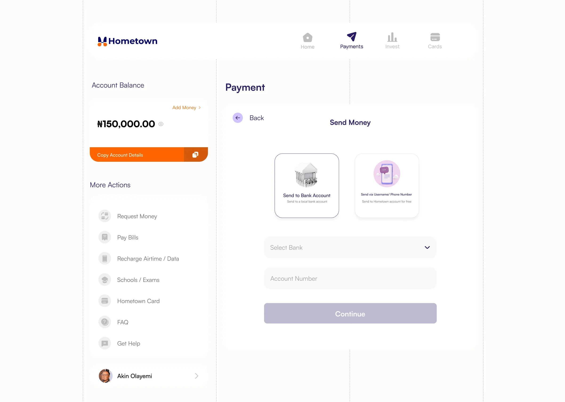 Sending to a bank account: choose the bank and enter the account number